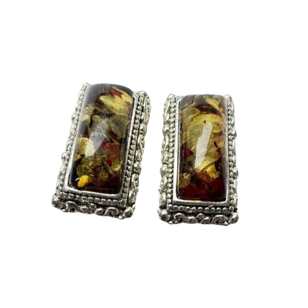 Vintage Amber Resin Rectangle Stud Earrings Gold Leaf Art Glass Boho Statement